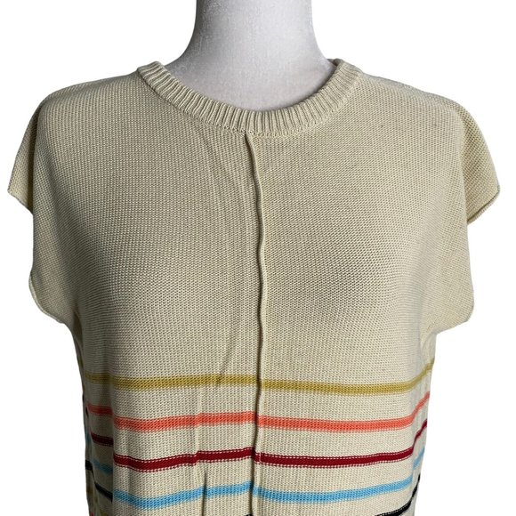 Knit Sleeveless Sweater Vest M Beige Rainbow Stripe Round Neck Pullover - Picture 2 of 6